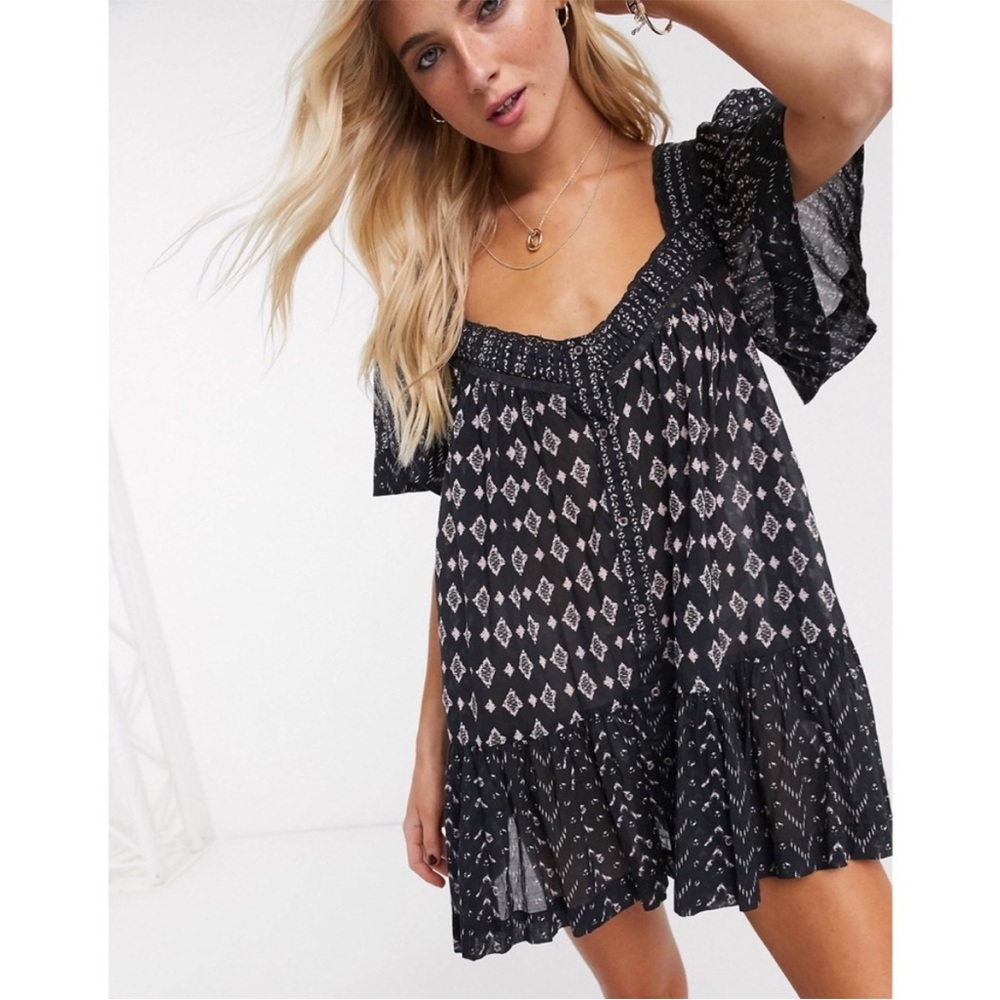 Free People NWOT Hearts Desire BOHO Printed Tunic Mini Dress Cotton Shift Batik